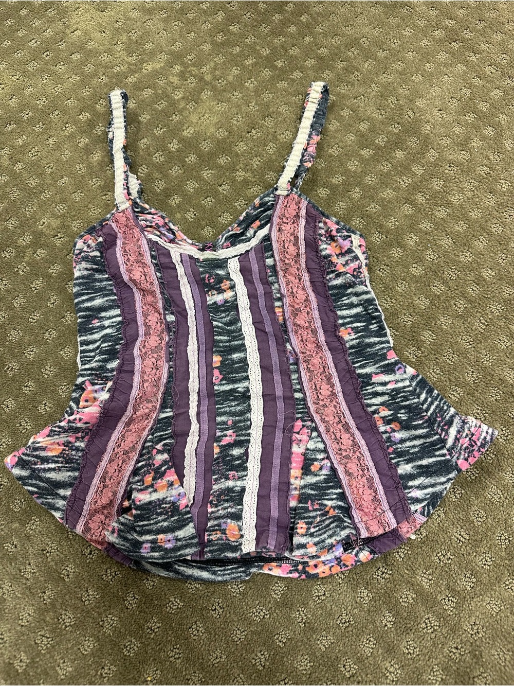 Free People Striped Purple Lace-Trim Cami Tank Top